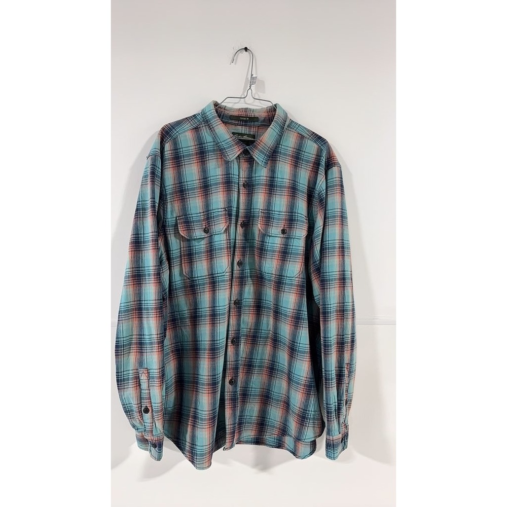 Eddie Bauer Mens Classic Fit Plaid Flannel Shirt 2XL Blue Orange Button Up